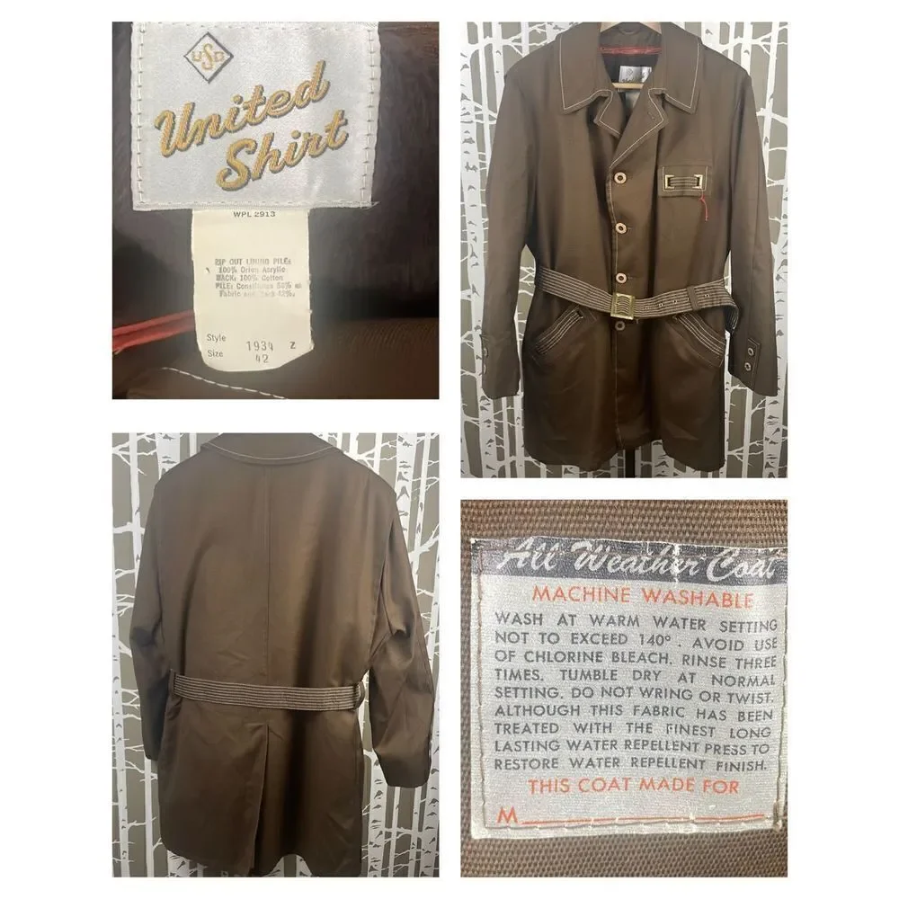 Vtg Deadstock 70s Brown Belted Jacket w Removable Faux Fur Lining 42